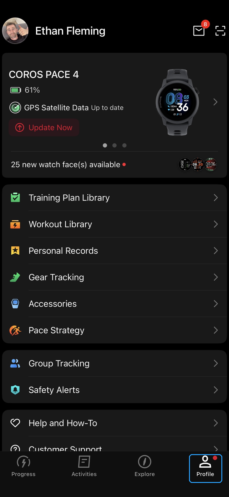 COROS Profile tab highlighted in the bottom-right corner