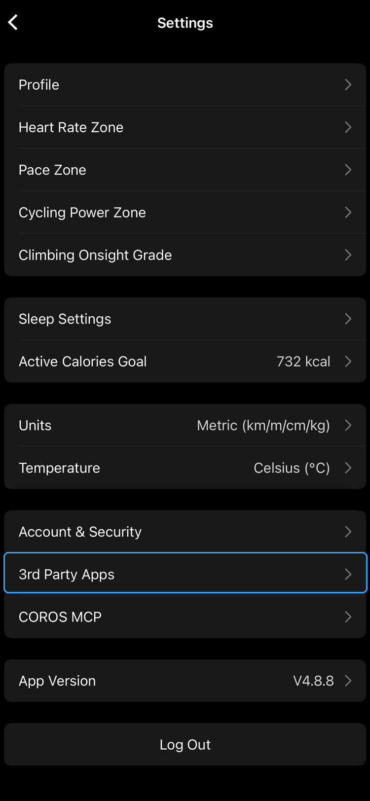 COROS settings list with 3rd Party Apps highlighted