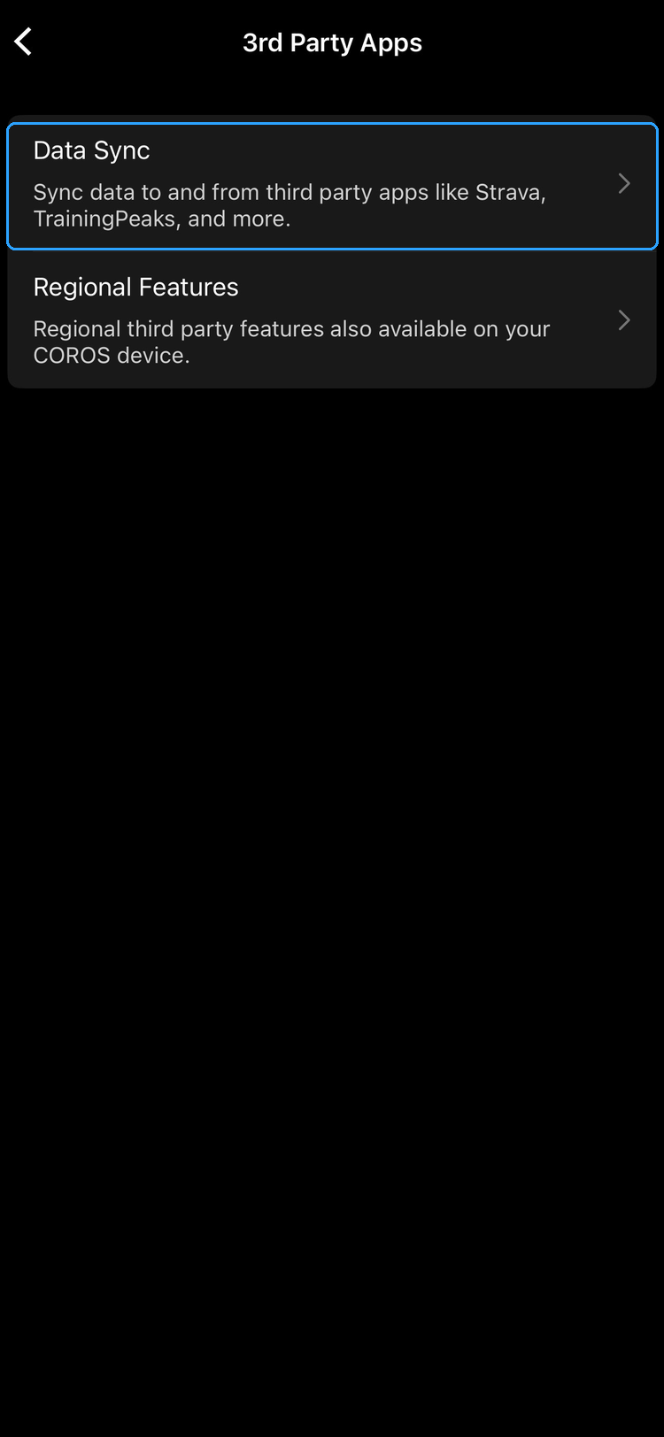 3rd Party Apps screen with Data Sync highlighted