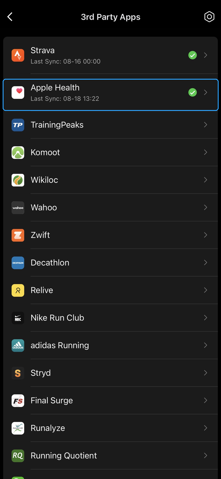 Data Sync app list with Apple Health highlighted