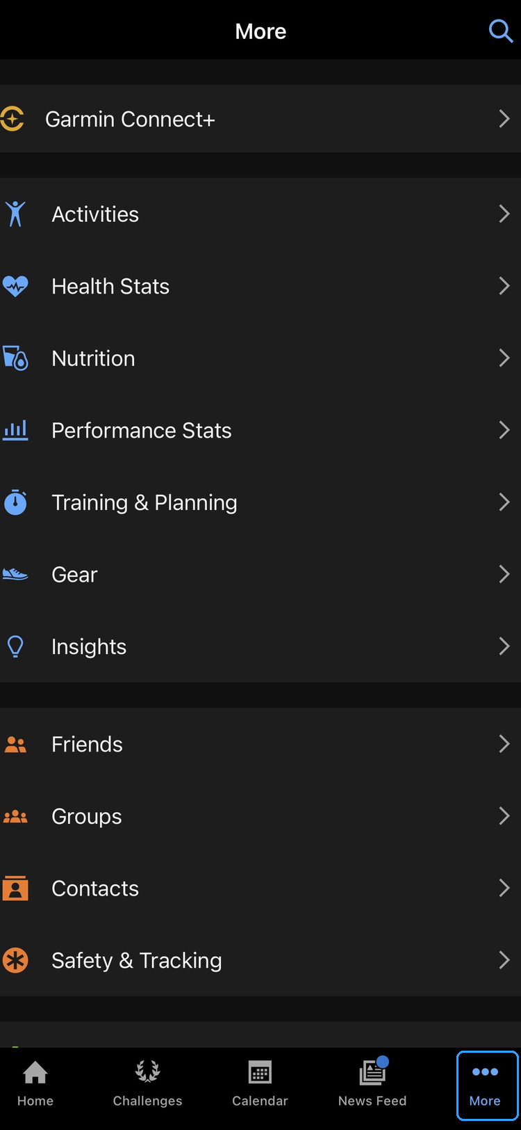 Garmin Connect More menu with the More tab highlighted in the bottom-right corner