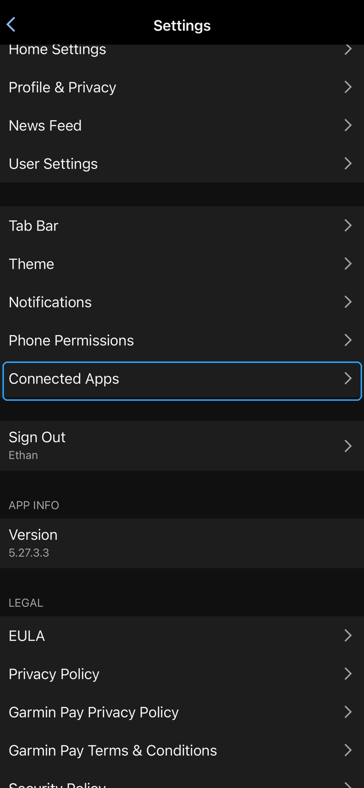 Garmin Connect settings list with Connected Apps highlighted
