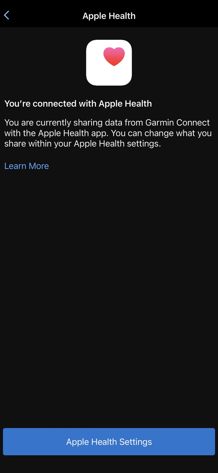 Confirmation screen reading You're connected with Apple Health