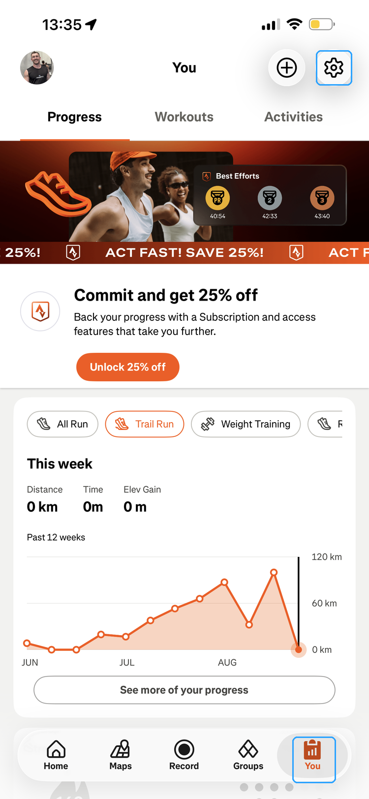 Strava You tab with the settings gear and the You tab highlighted
