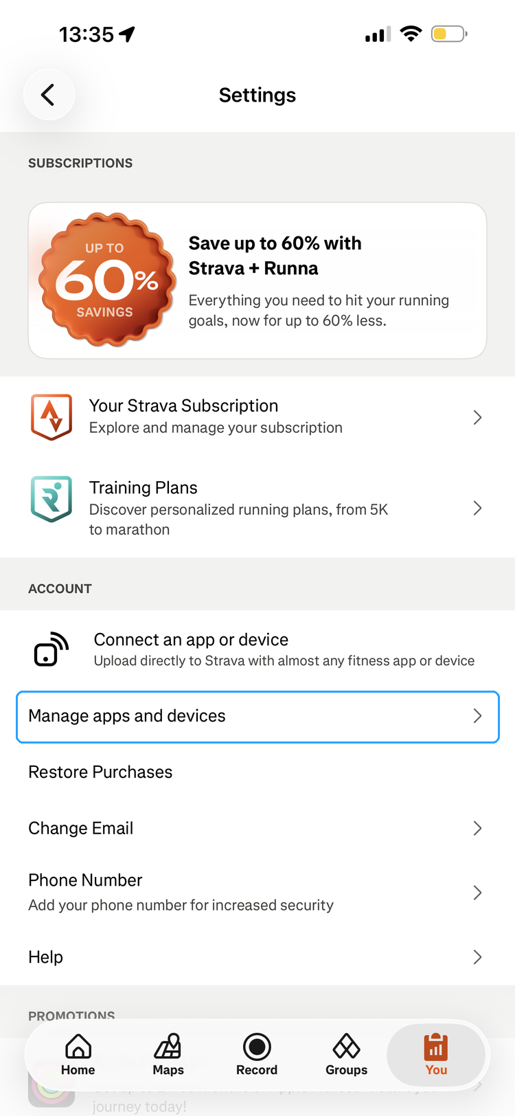 Strava settings with Manage apps and devices highlighted