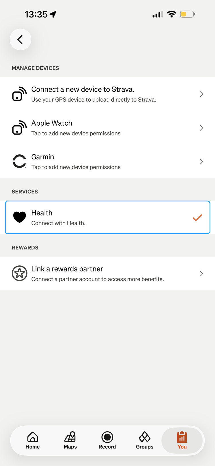 Manage devices screen with the Health service highlighted