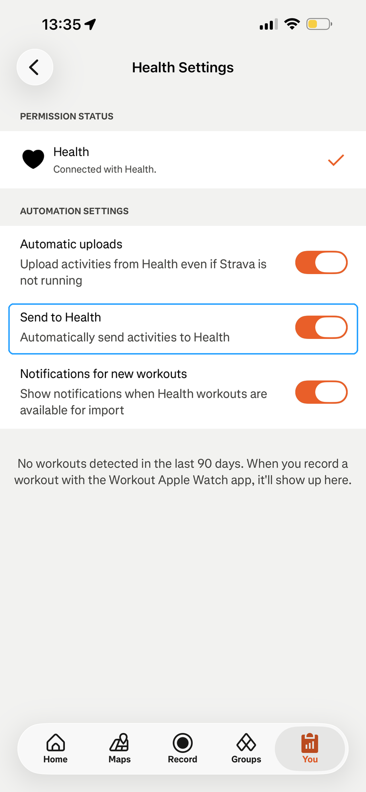 Health Settings screen with the Send to Health toggle highlighted
