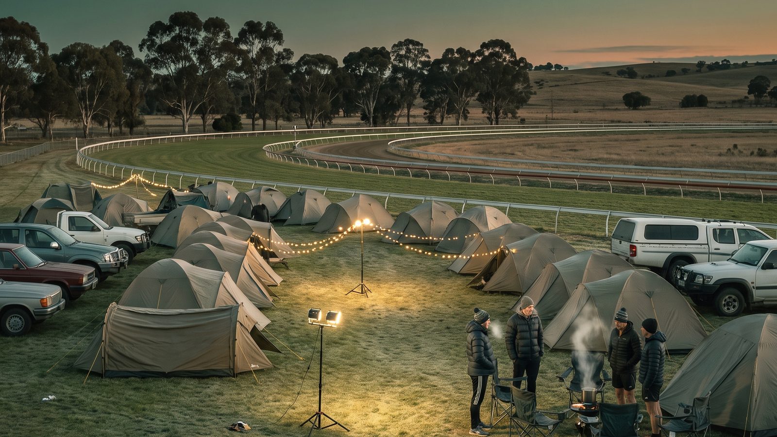 Tents and cars set up on the grass beside the racecourse rail at dusk