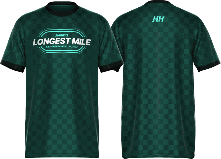 Harry's Longest Mile 2027 race tee, front and back