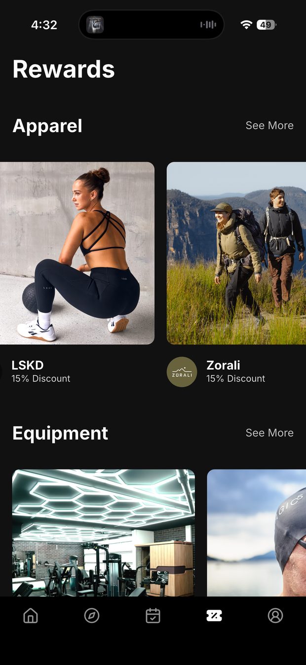 Apparel partner cards in Rewards showing LSKD and Zorali member discounts