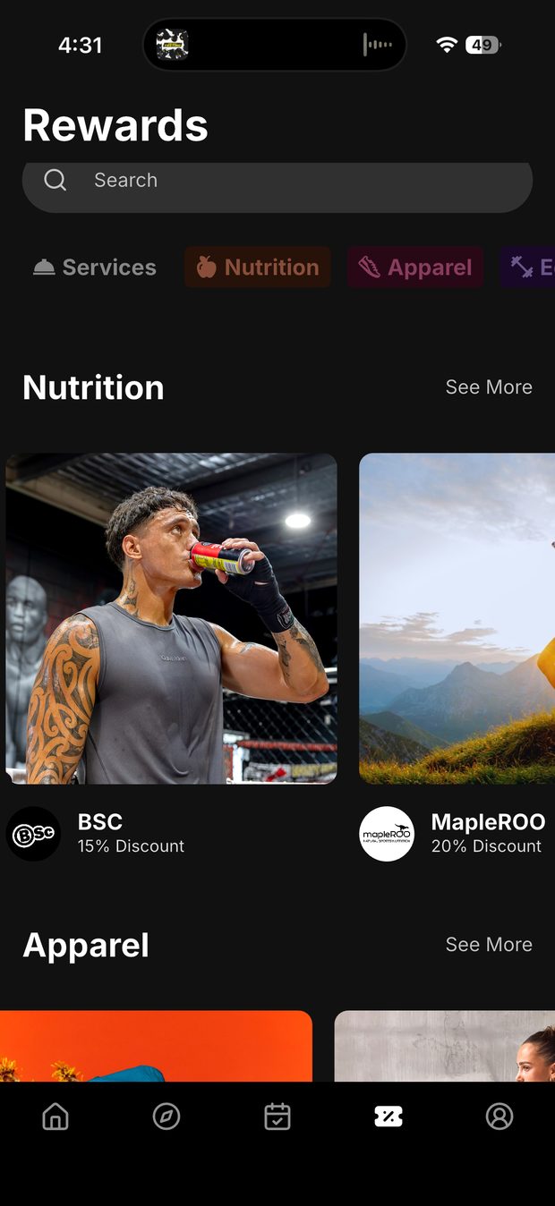 Rewards category filters with BSC and MapleROO partner offers listed under Nutrition