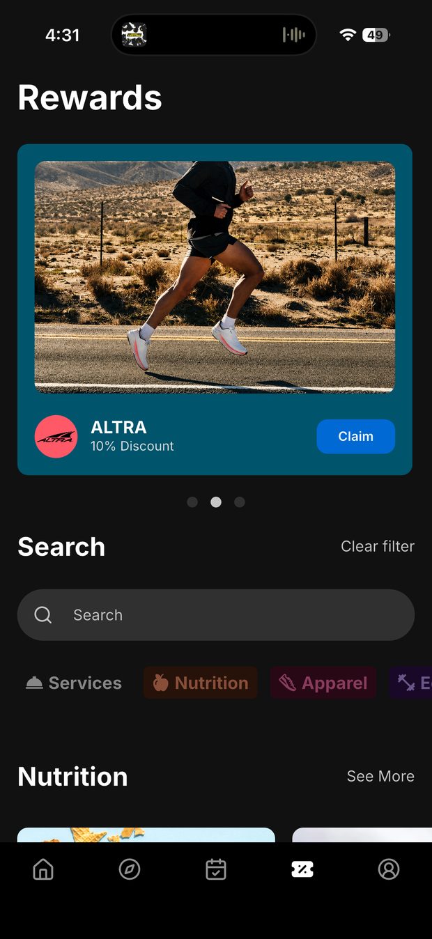 The Rewards home screen in the Harry's Challenges app, with an Altra 10 percent discount as the hero card