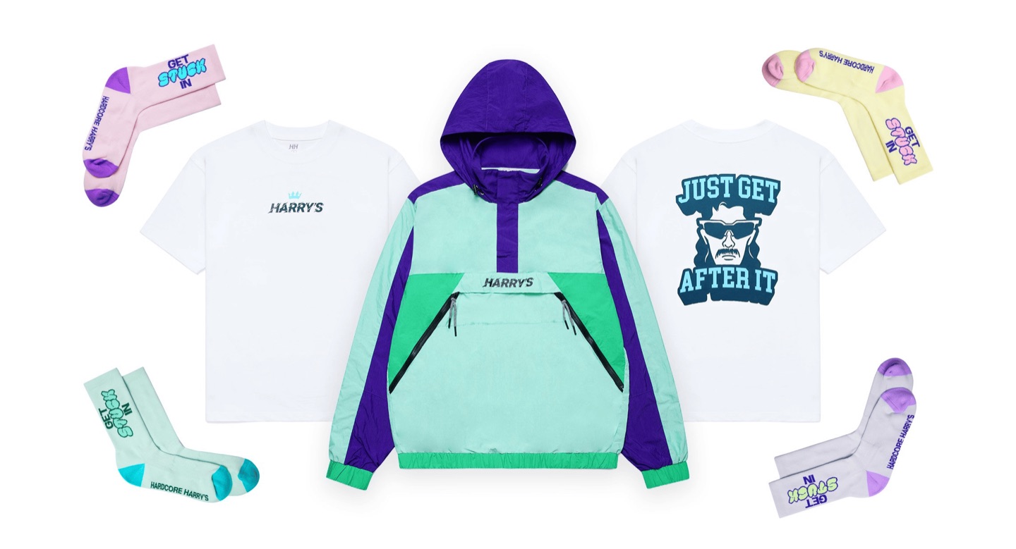 Hardcore Harry's merch: anorak jacket, tees, and socks
